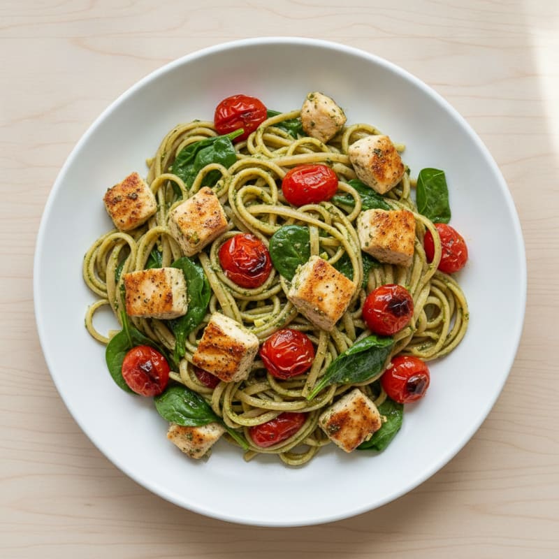 Pesto Chicken Linguine with Blistered Tomatoes