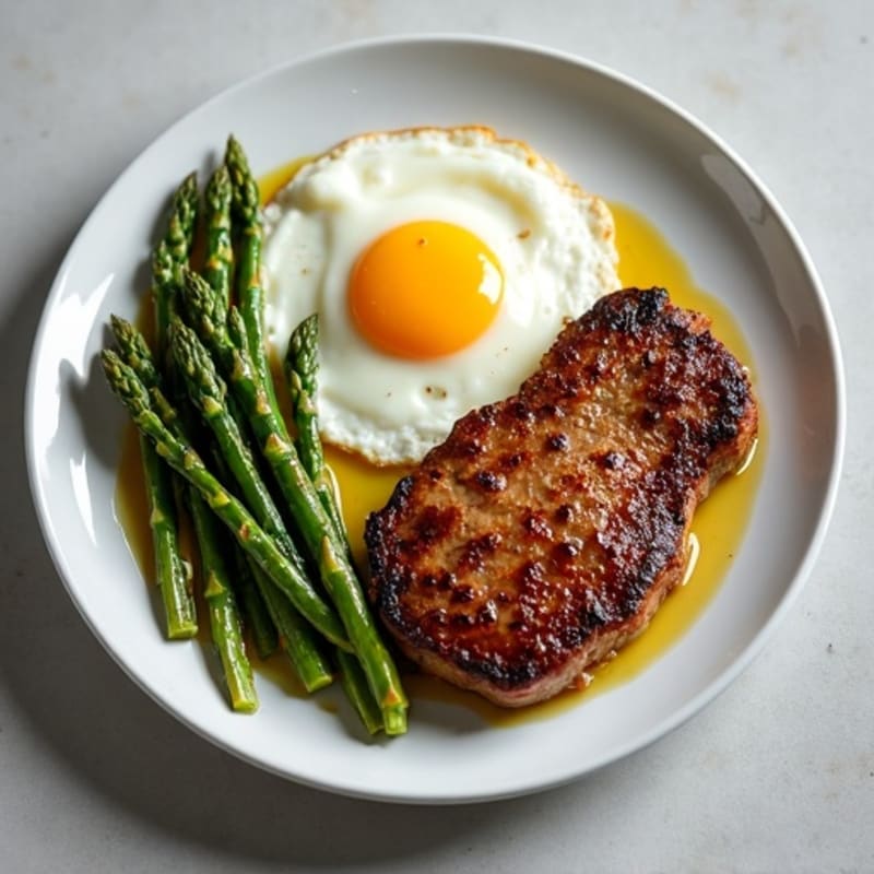 Pan-Seared Steak and Sunny-Side Up Eggs with Roasted Asparagus