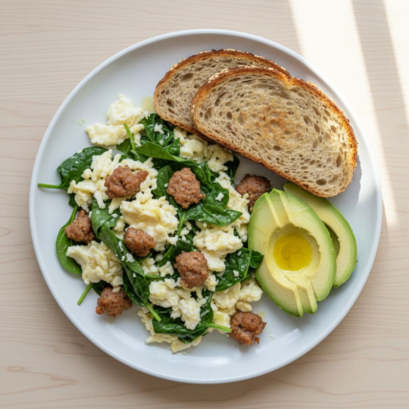 Egg White Spinach Scramble with Turkey Sausage