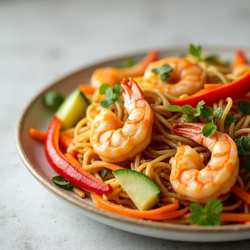 Shrimp with Creamy Peanut Noodles and Crunchy Vegetables