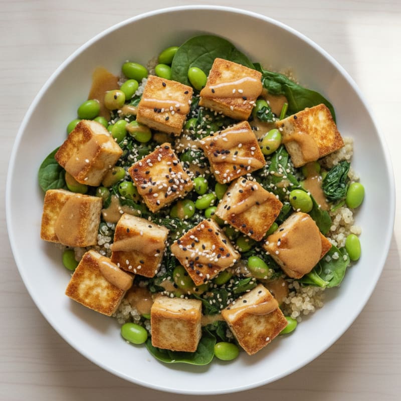 Crispy Tofu and Edamame Power Bowl with Quinoa and Spinach