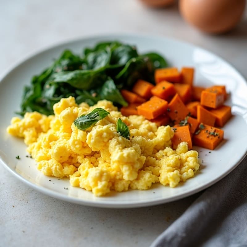 Fluffy Scrambled Eggs with Roasted Sweet Potatoes and Sautéed Greens