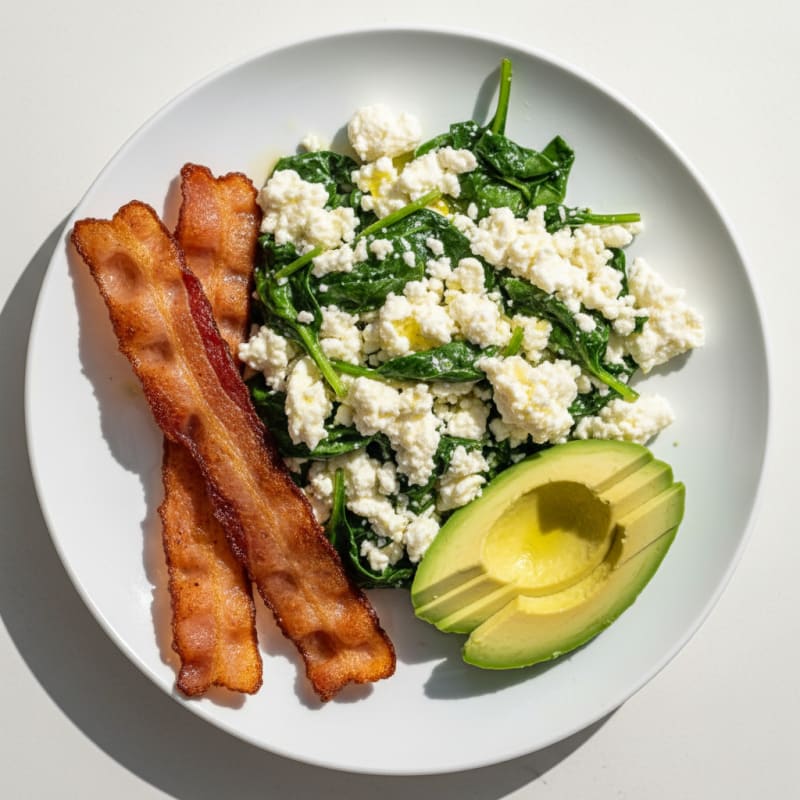 Cottage Cheese Egg White Scramble with Spinach and Turkey Bacon