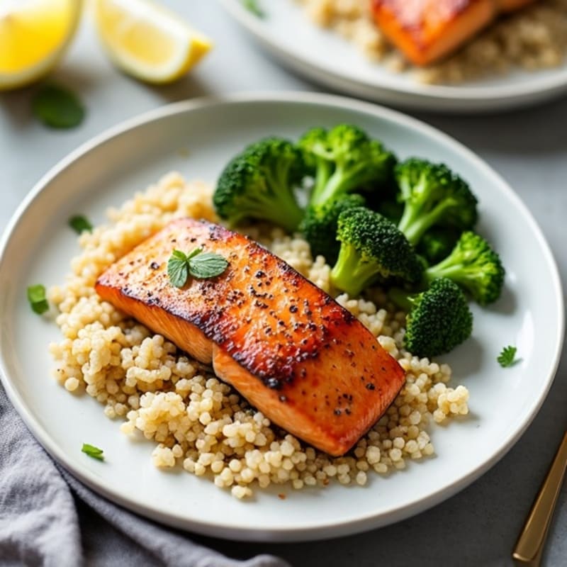 Seared Salmon with Steamed Broccoli and Quinoa