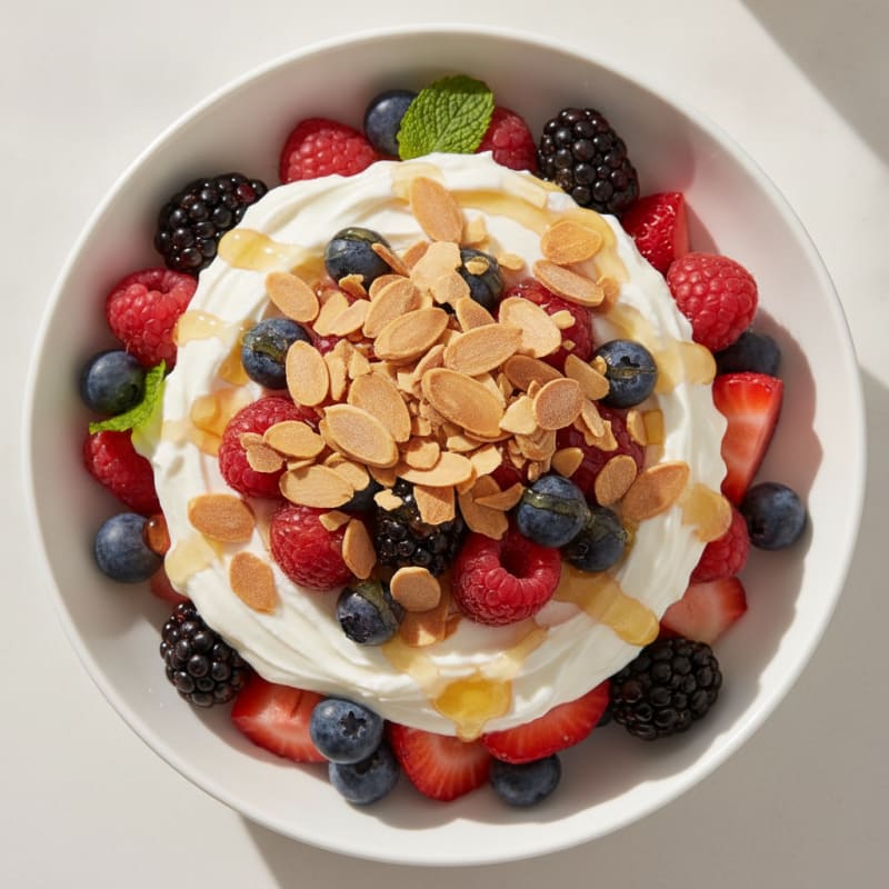 Greek Yogurt Protein Parfait with Mixed Berries and Almonds
