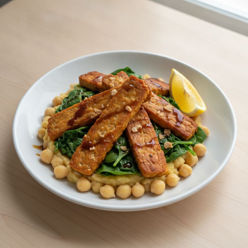 Roasted Tempeh with Garlic Spinach and Chickpea Mash