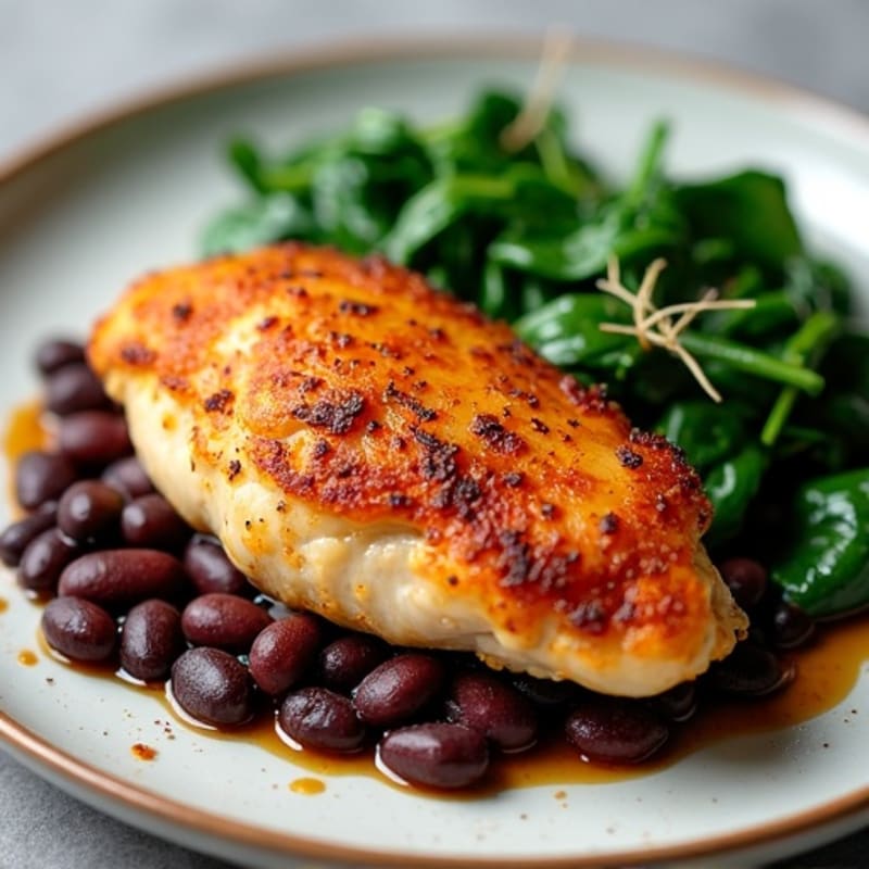 Crispy Pan-Seared Chicken Breast with Smoky Black Beans and Sautéed Greens