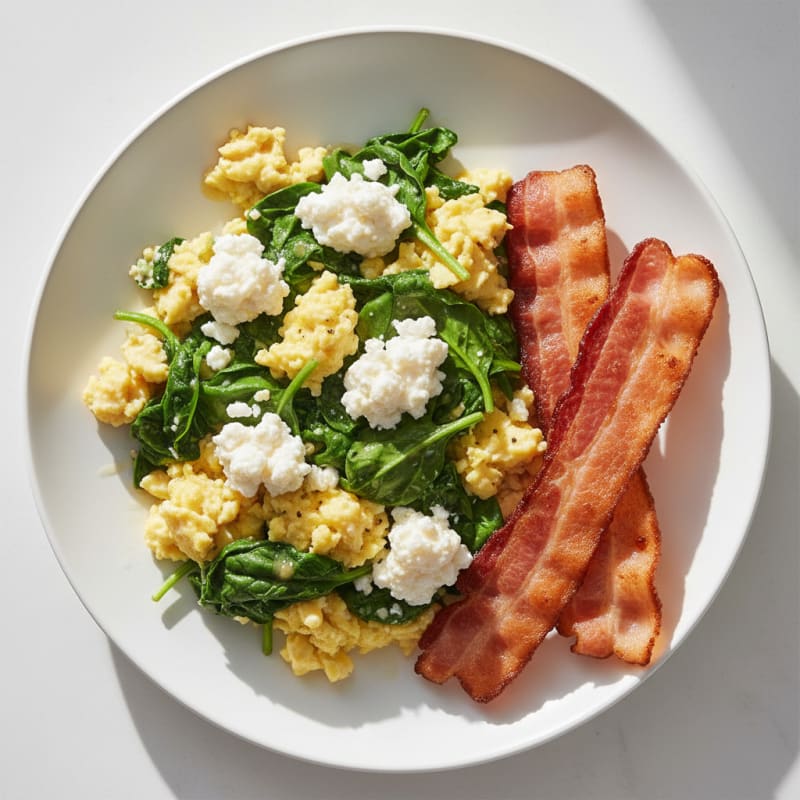 Cottage Cheese Scramble with Spinach and Turkey Bacon