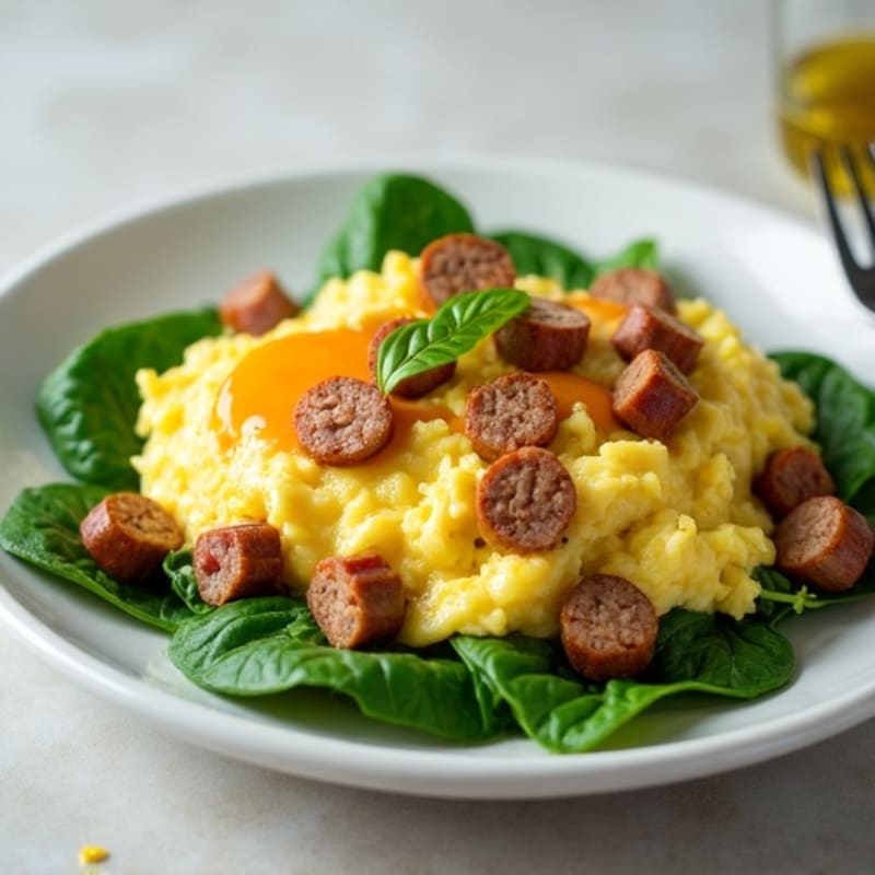Egg White Scramble with Turkey Sausage and Wilted Spinach