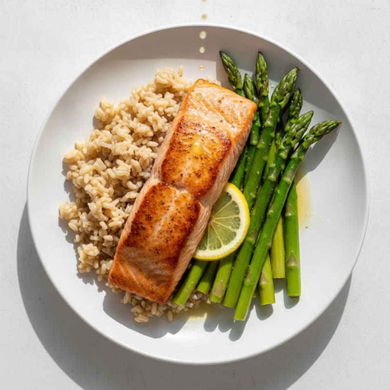 Seared Salmon with Steamed Asparagus and Brown Rice