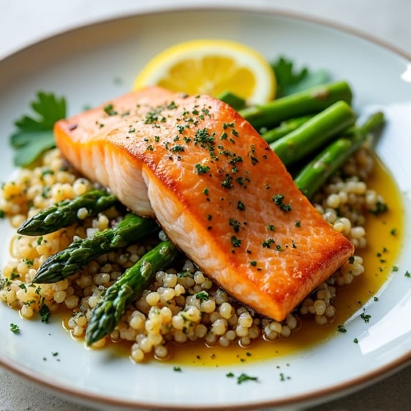 Crispy Skin Salmon with Roasted Asparagus and Lemon-Herb Quinoa