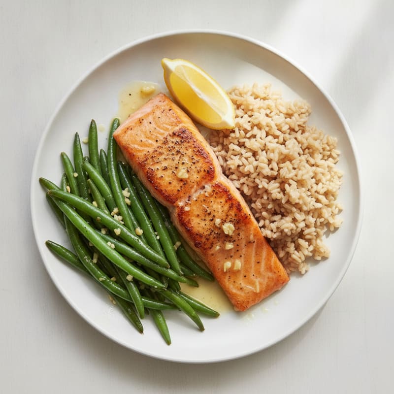 Seared Salmon Fillet with Garlic Green Beans and Brown Rice