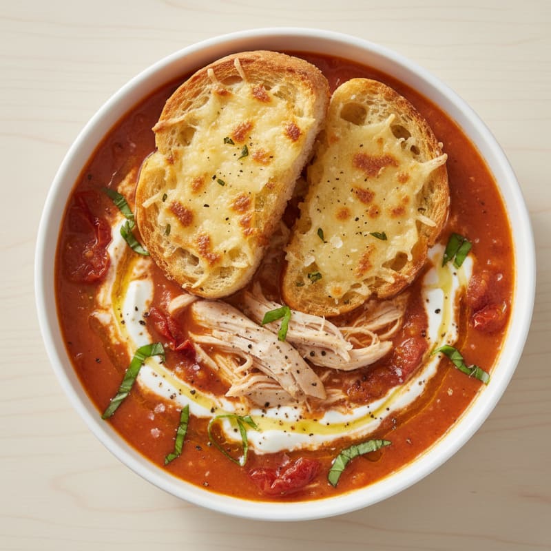 Roasted Tomato Basil Soup with Parmesan Crostini