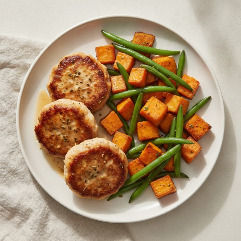 Seared Turkey Patties with Roasted Sweet Potato and Green Beans