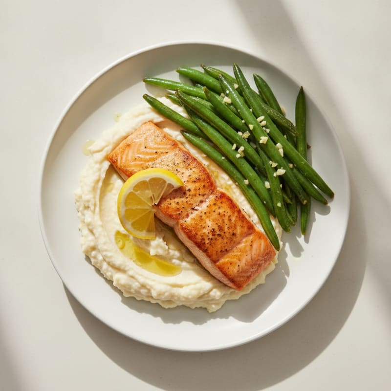 Seared Salmon with Garlic Green Beans and Cauliflower Mash