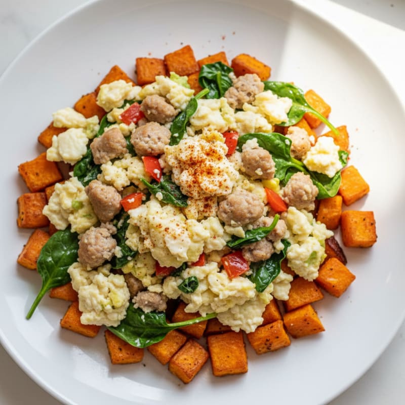 Egg White and Turkey Sausage Scramble with Roasted Sweet Potatoes