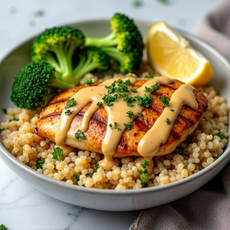 Grilled Chicken Breast with Quinoa, Steamed Broccoli and Lemon Tahini Drizzle