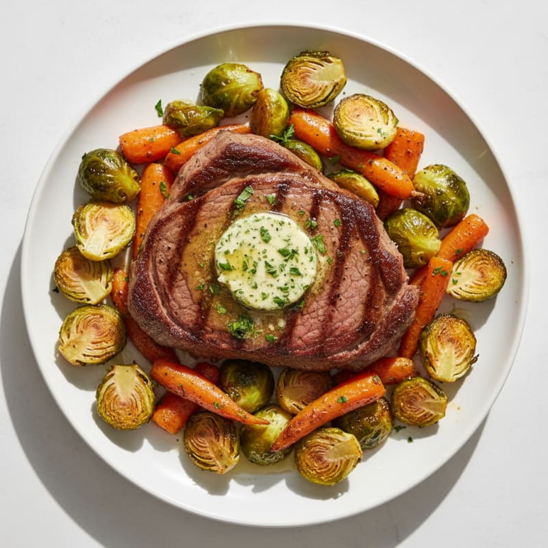 Seared Steak with Roasted Vegetables and Herb Butter