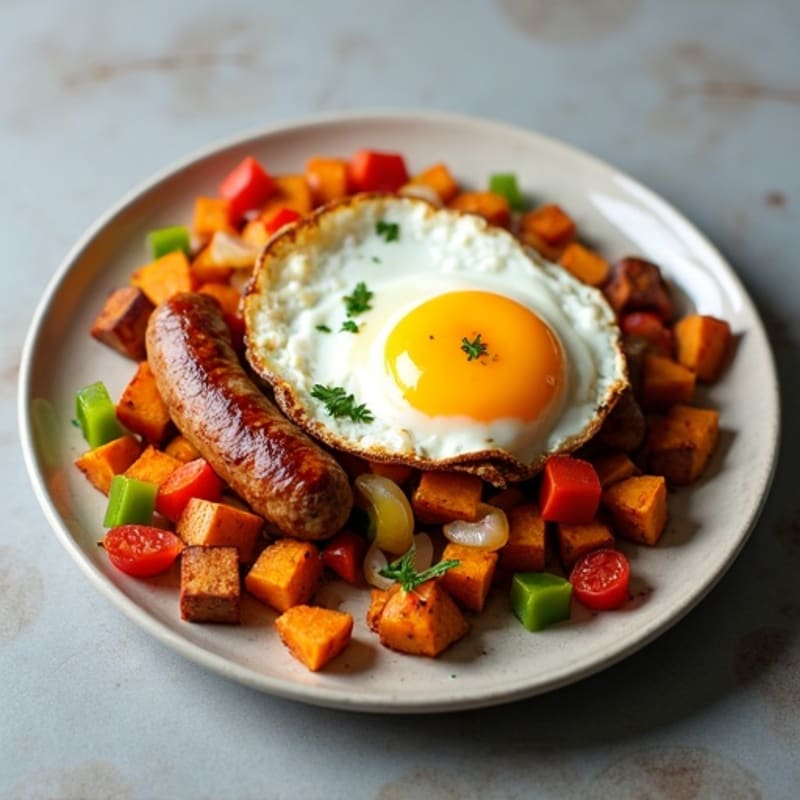 Crispy Turkey Sausage Hash with Roasted Sweet Potatoes and Fried Eggs