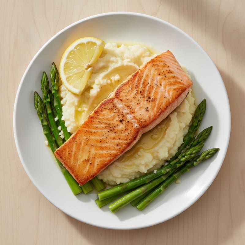Seared Salmon Fillet with Steamed Asparagus and Cauliflower Mash