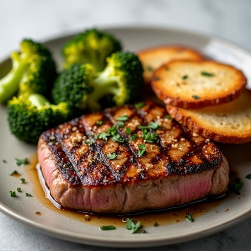 Seared Lean Steak with Roasted Broccoli and Garlic Bread Chips
