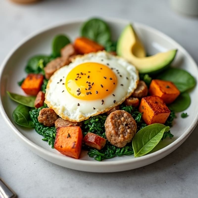 Egg White and Turkey Sausage Scramble with Spinach and Roasted Sweet Potatoes