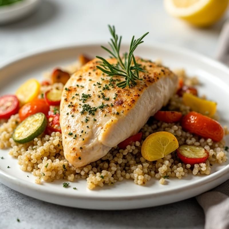Lemon-Herb Roasted Chicken with Fluffy Quinoa and Crispy Roasted Vegetables