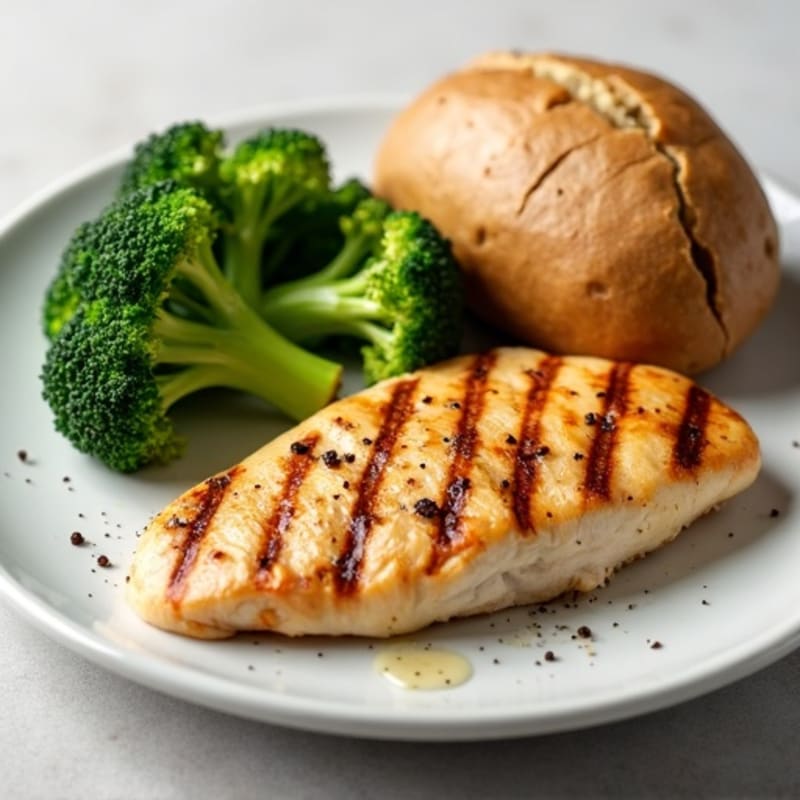 Grilled Chicken Breast with Steamed Broccoli and Baked Potato