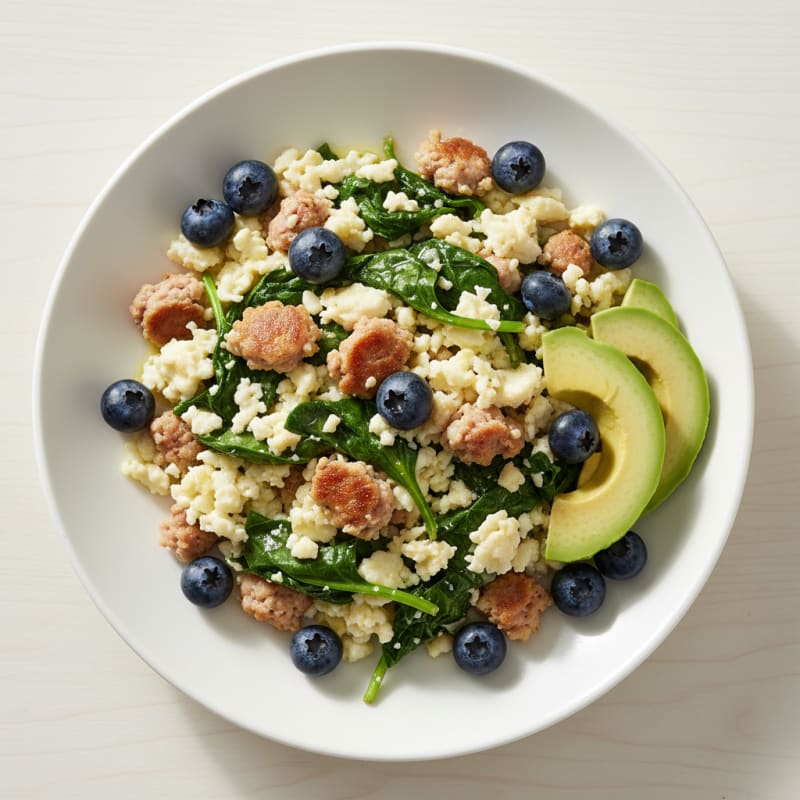 Egg White and Turkey Sausage Scramble with Sautéed Spinach