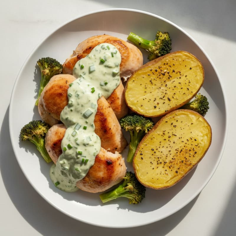 Roasted Turkey with Sour Cream Sauce and Baked Potato