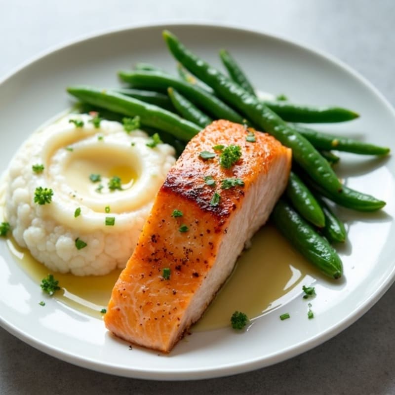 Seared Salmon with Garlic Green Beans and Cauliflower Mash