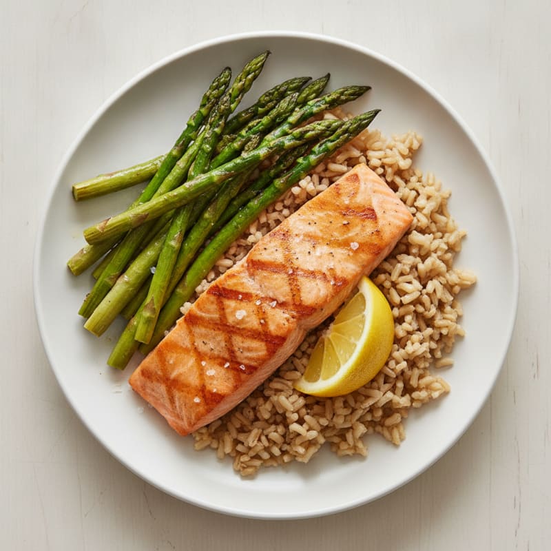 Seared Salmon Fillet with Roasted Asparagus and Brown Rice