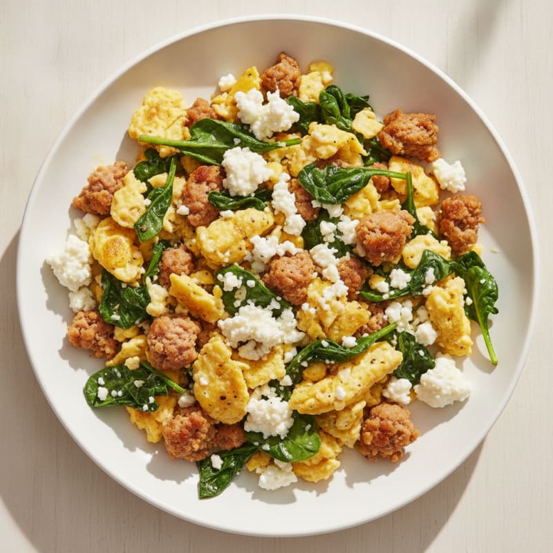 Cottage Cheese Scramble with Spinach and Turkey Sausage