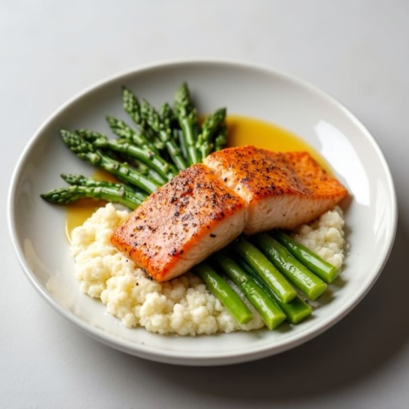 Seared Salmon Fillet with Steamed Asparagus and Cauliflower Mash