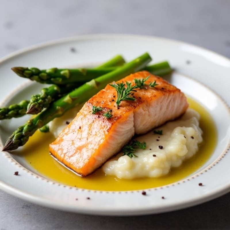 Seared Salmon with Steamed Asparagus and Cauliflower Mash