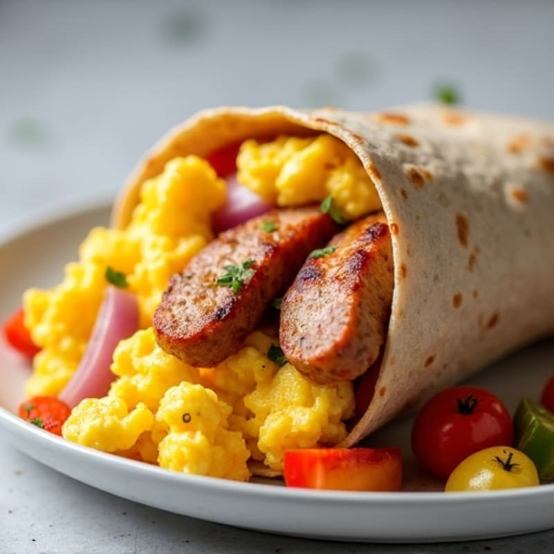 Lean Turkey Sausage and Fluffy Scrambled Egg Breakfast Burrito with Roasted Vegetables