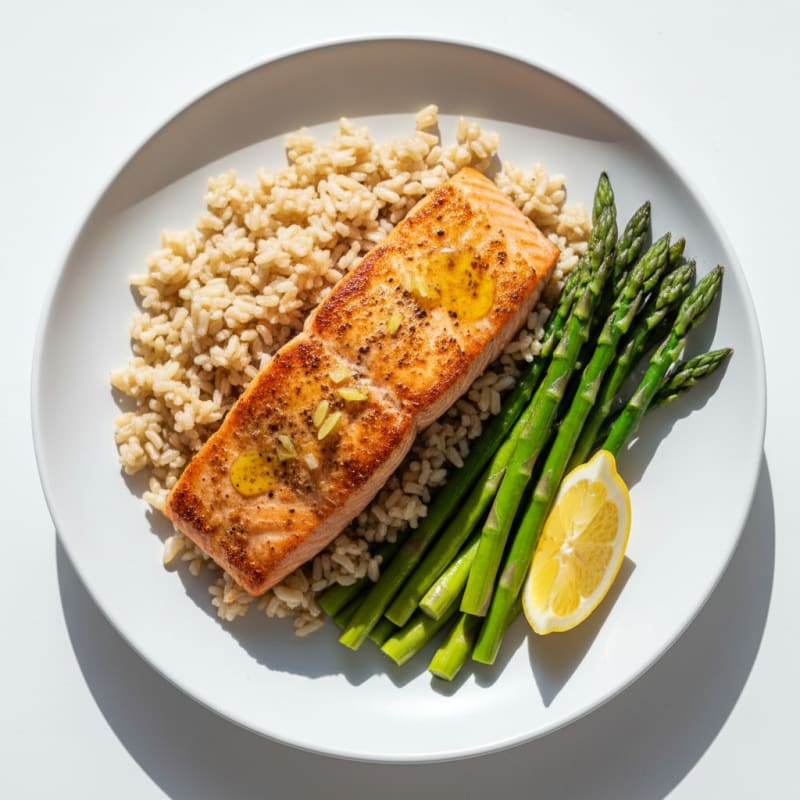 Seared Salmon Fillet with Steamed Asparagus and Brown Rice