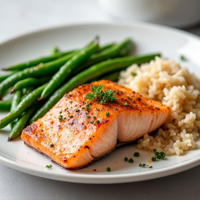 Seared Salmon Fillet with Garlic Green Beans and Brown Rice
