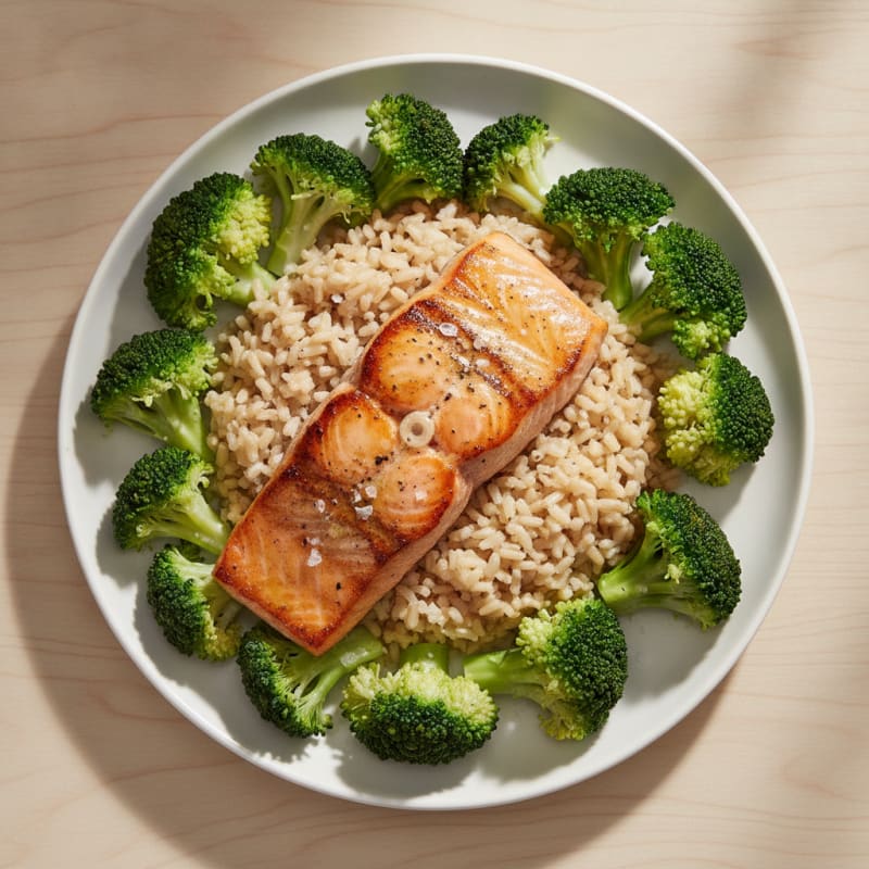 Seared Salmon Fillet with Steamed Broccoli and Brown Rice
