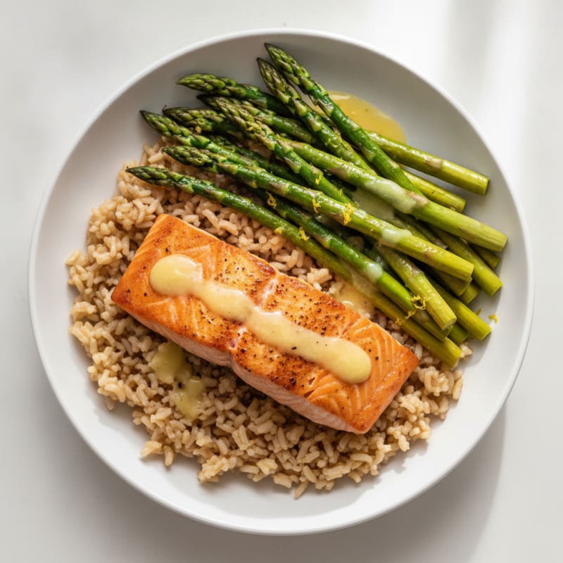 Seared Salmon with Lemon-Garlic Asparagus and Brown Rice