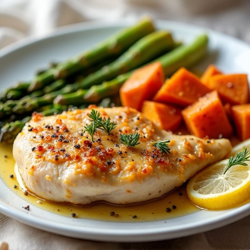 Crispy Lemon Garlic Roasted Chicken with Roasted Asparagus and Sweet Potatoes