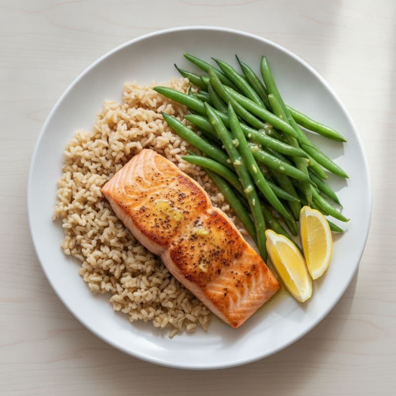 Seared Salmon Fillet with Steamed Green Beans and Brown Rice