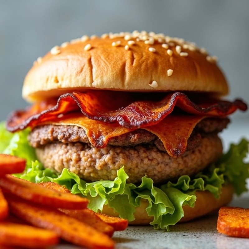 Crispy Bacon Turkey Burger with Spiced Sweet Potato Fries