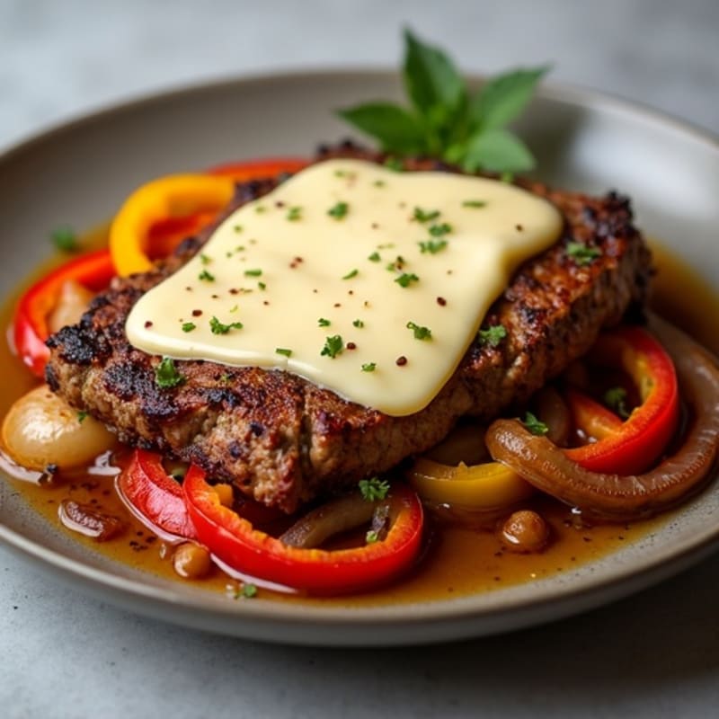 Crispy Skillet-Seared Lean Steak with Sautéed Bell Peppers, Caramelized Onions, and Creamy Provolone