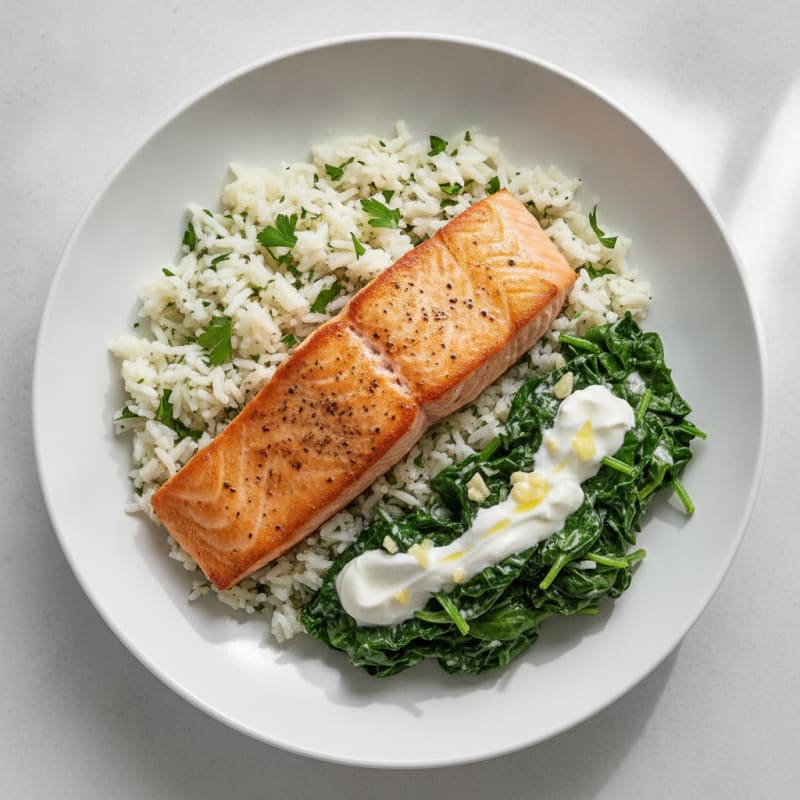 Seared Salmon Fillet with Creamy Garlic Spinach and Herb Rice