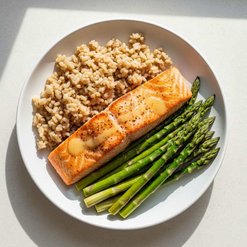 Seared Salmon with Steamed Asparagus and Brown Rice