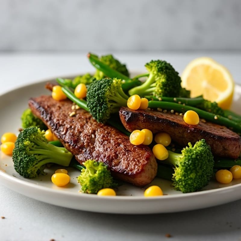 Seared Beef Strips with Roasted Broccoli and Corn