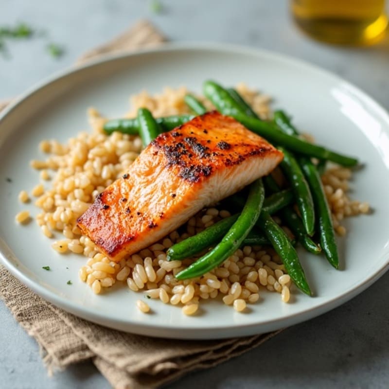 Seared Salmon with Garlic Green Beans and Brown Rice