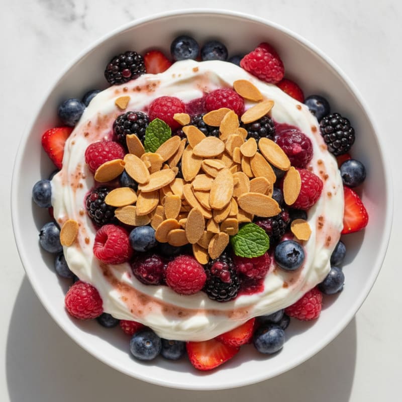 Greek Yogurt Protein Parfait with Mixed Berries and Almonds