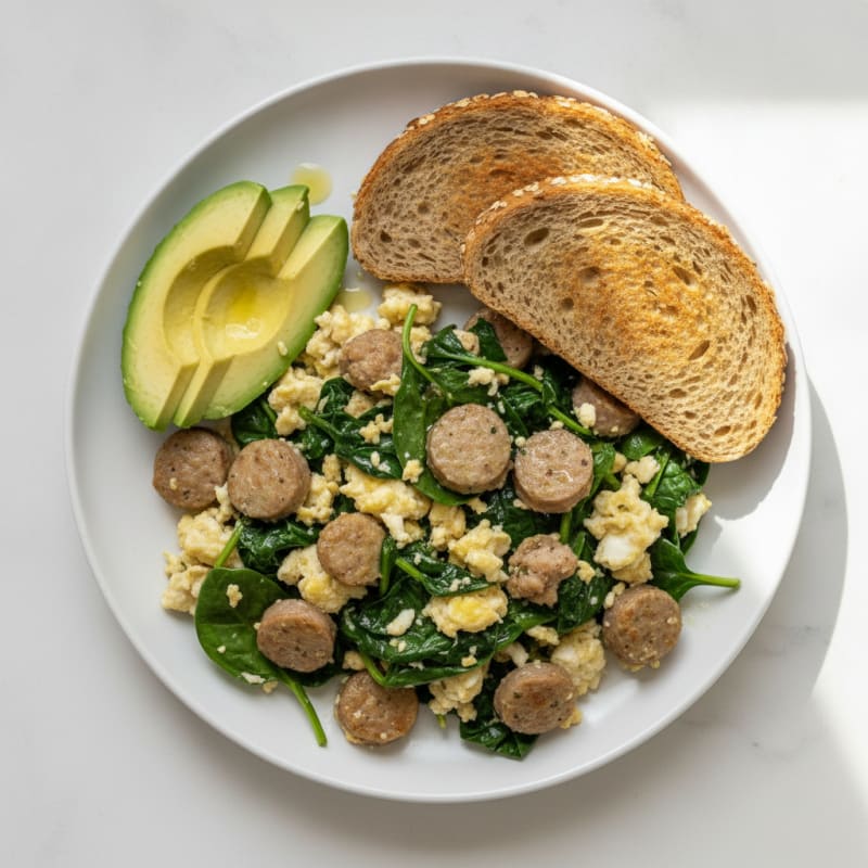 Egg White and Turkey Sausage Scramble with Sautéed Spinach